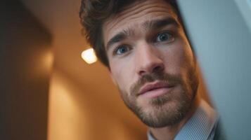 Portrait of a Man's Face, Showing Intrigue and Curiosity. A Thoughtful Expression with Blue Eyes and a Beard. Captivating and Detailed Photography. photo