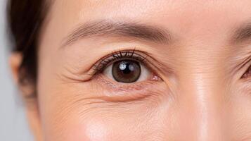 of a Woman's Eye, Showing Texture and Detail of Skin, Wrinkles, and Eye Color. A Detailed Macro Portrait of Female Beauty and the Aging Process. photo