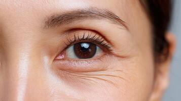 of a Woman's Eye, Showing Skin Texture and Wrinkles. A Detailed Portrait Emphasizing the Beauty of Aging and Natural Features. photo