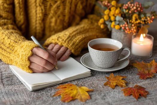 Cozy Autumn Vibes A Relaxing Moment of Writing and Reflection with Warm Tea and a Candle photo