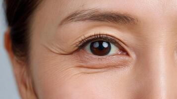 of a Woman's Eye, Showing Details of Skin Texture and Wrinkles. A Captivating Image Representing Beauty and the Aging Process. photo