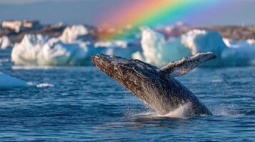 Majestic Humpback Whale Breaching in Arctic Waters with a Rainbow. A breathtaking wildlife spectacle of nature's beauty and power. photo