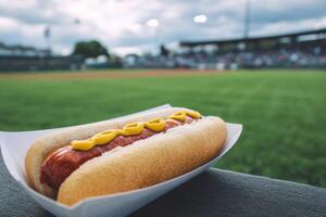 A delectable hot dog with mustard, a quintessential baseball game snack, enjoyed at a lively stadium. Perfect for a summer outing or a fun filled sporting event. photo