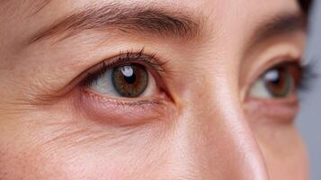view of a woman's eye, showcasing the intricate details of her skin texture and subtle wrinkles. A captivating portrait highlighting the beauty of aging and the human experience. photo