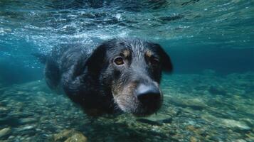 A Stunning Underwater Portrait of a Dog Swimming Gracefully in a Crystal Clear River. The image captures the animal's serene expression and the beauty of its aquatic environment. photo