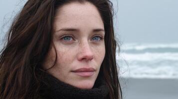 Penisve Woman with Freckles Gazing at the Ocean A Contemplative Portrait photo