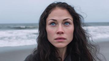 A Pensive Woman Gazes at the Ocean A Contemplative Portrait on the Beach photo
