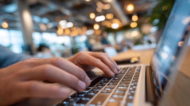 de manos mecanografía en ordenador portátil teclado en moderno oficina ajuste. un cautivador imagen representando digital comunicación, tecnología, foto