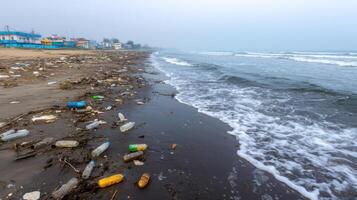 Coastal Pollution A Shocking View of Plastic Waste on a Polluted Beach. Urgent need for environmental cleanup and sustainability e photo