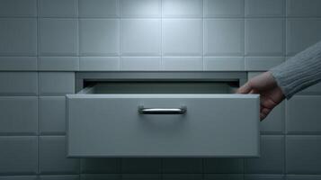 A hand opens a drawer in a minimalist kitchen or bathroom, revealing an empty interior. The scene is clean, modern, and mysterious photo