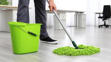 Cleaning Service Professional Floor Cleaning with Mop and Bucket. Maintaining Hygiene and Sanitation in Homes and Offices. photo