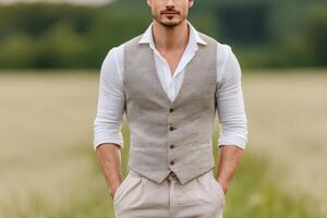 Summer Fashion A Handsome Man in a Beige Waistcoat and White Shirt Posing Elegantly in a Field photo