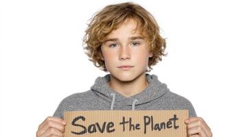 Youth Activism A Young Boy Holds a Sign that Reads 'Save the Planet,' Underscoring the Urgency of Environmental Conservation and t photo