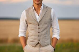 A Man in Beige Linen Vest and White Shirt Posing in a Field. Summer Fashion, Casual Style, Elegant Look for Men. photo