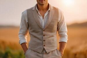 Summer Fashion Man in Beige Vest and White Shirt at Sunset. Elegant and Relaxed Style for Warm Weather. Perfect for a Casual Summ photo