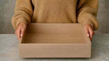 Wooden Box in Hands Empty Container, Simple Design, Natural Texture, Home Decor, Lifestyle Photography photo