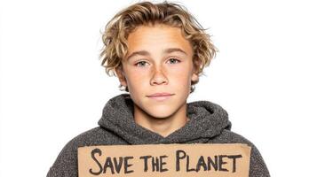 Young Activist Holding a Save the Planet Sign. A powerful image representing youth environmental activism and the fight for climat photo