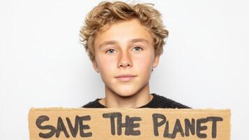 Young Activist Holding a Save the Planet Sign A Powerful Image Representing Climate Change Awareness and Environmental Action photo