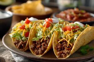 Ground Beef Tacos Recipe A Delicious Mexican Food Experience. This recipe features tasty ground beef, crisp lettuce, and melted ch photo