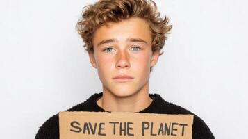 Teenage Activist Holding a Cardboard Sign Save the Planet. A powerful image representing youth climate activism and environmental photo