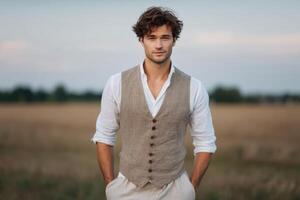 Portrait of a Handsome Man in a Beige Waistcoat and White Shirt, Standing in a Summer Field. A Stylish and Elegant Fashion Photog photo