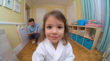 Adorable toddler girl in bathrobe smiles at camera in her cozy home, with her father in the background. A heartwarming scene of fa photo