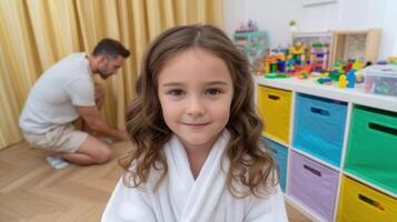 Adorable Little Girl in White Bathrobe Smiling in Playroom. Happy Child, Family, Home, Childhood, Happiness, Love, Sweet, Cute, Ad photo