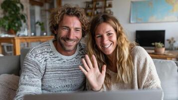 Happy Couple Calling from Home Smiling Faces, Cozy Atmosphere, and Modern Technology photo