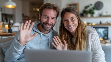 Happy Couple Calling Smiling faces, waving hands, and a cozy home setting. Perfect for articles on relationships, technology photo