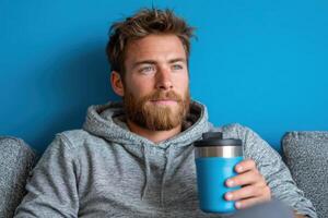 Handsome Man Relaxing on a Sofa with a Drink, Peaceful and Serene Atmosphere at Home. A Portrait of Calmness and Contentment. photo