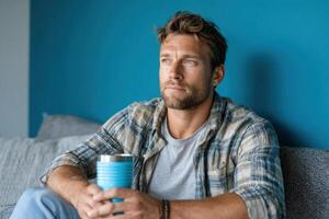 A man sits on a couch, lost in thought, holding a mug. He gazes pensively out the window, embodying a state of calm reflection and photo