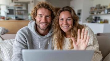 Happy Couple Calling from Home Smiling Faces, Technology, and Connection photo