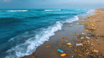 Ocean Pollution Plastic Waste on a Sandy Beach. A poignant image capturing the environmental crisis of plastic pollution in our oc photo