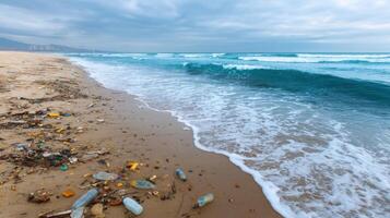 The devastating effects of plastic pollution on our oceans are clearly visible in this image of a beach littered with plastic bott photo