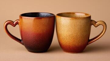 A Pair of Charming Heart Shaped Mugs Perfect for Coffee, Tea, or a Cozy Evening. These rustic ceramic mugs feature a warm ombre d photo