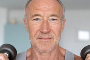 Portrait of a Focused Senior Man Exercising with Dumbbells. Promoting a Healthy and Active Lifestyle for Older Adults. Fitness and photo