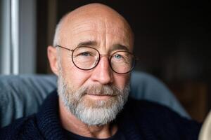 Portrait of a Calm, Mature Man with Glasses A Pensive Expression and a Look of Wisdom. A Headshot of an Elderly Gentleman, Showin photo