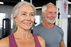 Active Senior Couple Enjoying a Fitness Workout at the Gym. Healthy Aging, Wellness, and Exercise for Elderly People. Retirement L photo