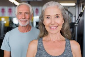 Portrait of a smiling senior couple at the gym. Active aging, healthy lifestyle, fitness and wellness concept. Exercise, workout a photo
