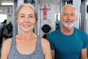 Portrait of a Senior Couple at the Gym, Smiling and Ready for a Workout. Healthy Aging and Fitness Goals. Active Lifestyle, Exerci photo