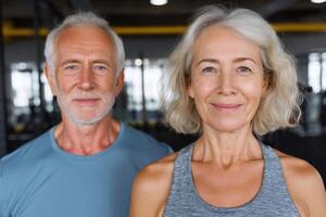 Portrait of a fit senior couple smiling at the gym. Active aging, healthy lifestyle, and retirement fitness goals. Exercise, welln photo