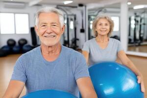 Active Seniors Fitness and Wellness in Retirement. A healthy and active couple enjoys a gym workout, focusing on balance and stre photo