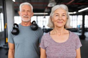 Active Senior Couple Fitness Gym Workout and Healthy Lifestyle. Exercise, Strength Training, and Wellness for Retirement. Weightl photo