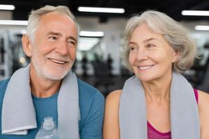 Active Senior Couple Enjoying a Gym Workout Promoting Healthy Aging and Fitness photo