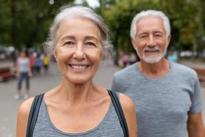 Happy Senior Couple Enjoying Active Retirement Lifestyle in a Park. Smiling Elderly Man and Woman, Healthy and Active Together Ou photo