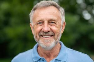 Portrait of a cheerful senior man smiling contentedly. A joyful expression of happiness and well being, radiating positive emotion photo