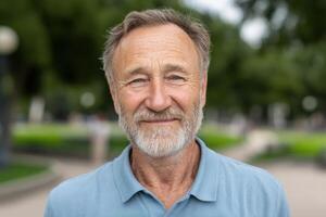 Portrait of a Happy Senior Man Smiling Outdoors. A cheerful elderly gentleman enjoying a relaxing summer day in a park. Positive a photo