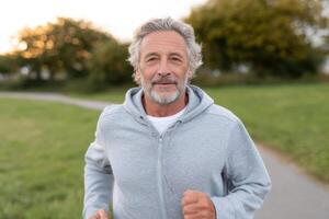 Smiling Senior Man Jogging in the Park Healthy Active Lifestyle, Fitness and Wellbeing Outdoors. Enjoying Nature, Exercise and a P photo
