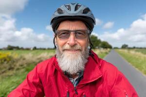 Smiling Senior Cyclist on a Scenic Road. Active Retirement Lifestyle, Summer Adventure, and Healthy Habits. Enjoying Nature and Tr photo