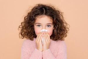 A young girl with curly hair holds a tissue to her nose, appearing sick or experiencing allergies. The image shows symptoms of ill photo
